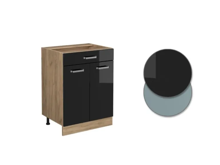Vicco Küchenunterschrank R-Line Schwarz Hochglanz/Goldkraft Eiche 60 cm mit Schublade AP Eiche