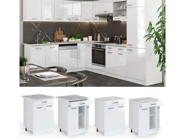 Vicco Küchenunterschrank R-Line Weiß Hochglanz/Weiß 60 cm mit Schublade ohne Arbeitsplatte