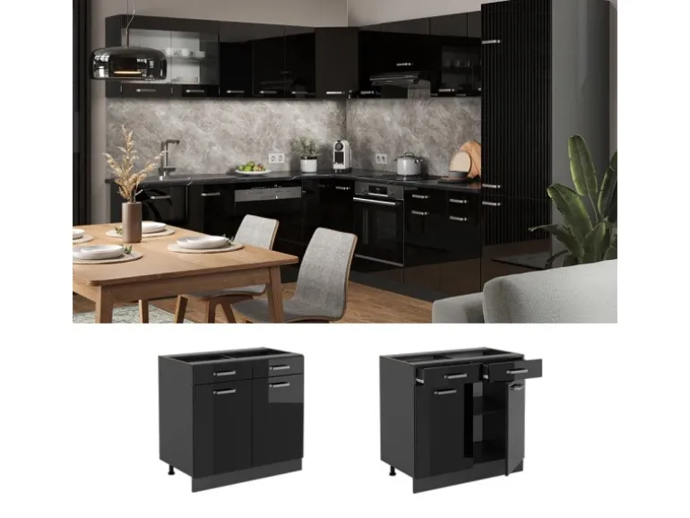 Vicco Küchenunterschrank R-Line Schwarz Hochglanz/Anthrazit 80 cm ohne Arbeitsplatte