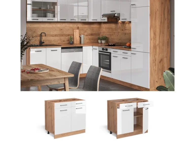 Vicco Küchenunterschrank R-Line Weiß Hochglanz/Goldkraft Eiche 80 cm ohne Arbeitsplatte