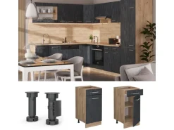 Vicco Küchenunterschrank R-Line Schubladenschrank für die Küche Schwarz Beton 40 cm AP Marmor mit Goldkraft Eiche Korpus
