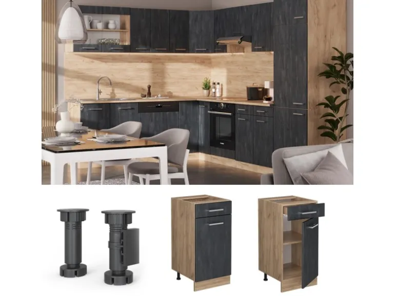 Vicco Küchenunterschrank R-Line Schubladenschrank für die Küche Schwarz Beton 40 cm AP Marmor mit Goldkraft Eiche Korpus