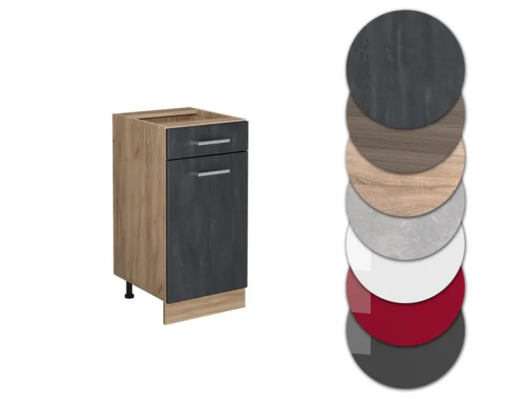 Vicco Küchenunterschrank R-Line Schubladenschrank für die Küche Schwarz Beton 40 cm AP Marmor mit Goldkraft Eiche Korpus