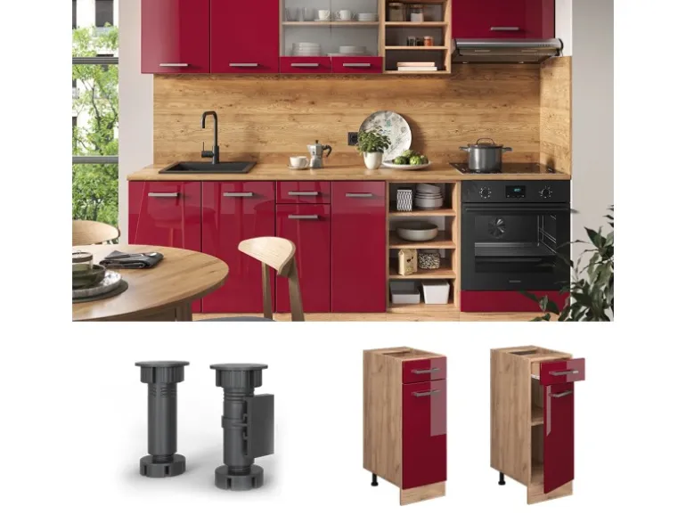 Vicco Küchenunterschrank R-Line Bordeaux Hochglanz/Goldkraft Eiche 30 cm AP Anthrazit