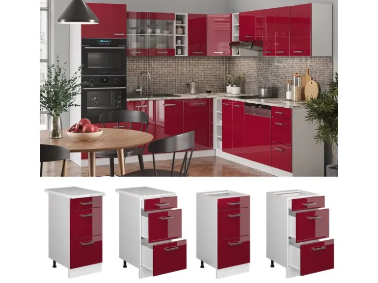 Vicco Küchenunterschrank R-Line Bordeaux Hochglanz/Weiß 40 cm mit Schubladen ohne Arbeitsplatte