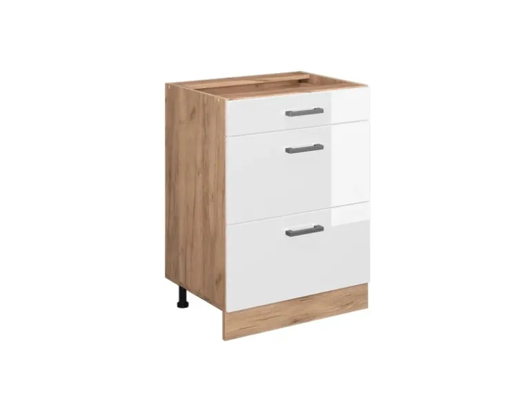 Vicco Küchenunterschrank R-Line Weiß Hochglanz/Goldkraft Eiche 60 cm mit Schubladen ohne Arbeitsplatte