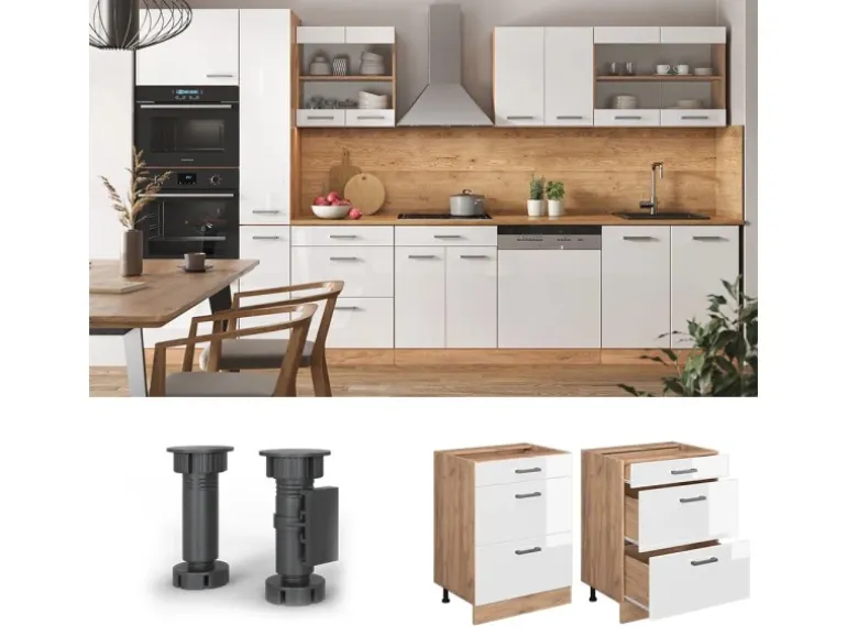 Vicco Küchenunterschrank R-Line Weiß Hochglanz/Goldkraft Eiche 60 cm mit Schubladen ohne Arbeitsplatte