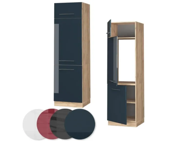 Vicco Kühlumbauschrank Fame-Line Dunkelblau Hochglanz/Goldkraft Eiche 60 cm