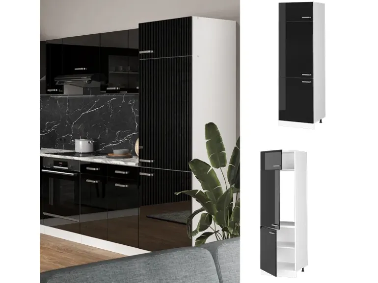 Vicco Kühlumbauschrank R-Line Hochschrank für die Küche Schwarz Hochglanz/Weiß 60 cm