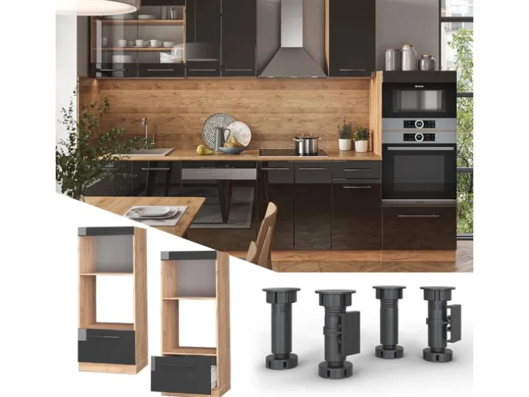 Vicco Mikrowellenschrank Fame-Line Anthrazit Hochglanz/Goldkraft Eiche 60 cm Offen