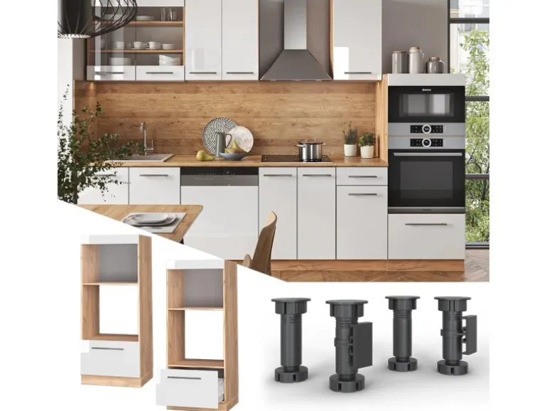 Vicco Mikrowellenschrank Fame-Line Weiß Hochglanz/Goldkraft Eiche 60 cm Offen
