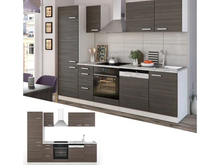 Vicco Optima Küchenzeile Edelgrau/Weiß 270 cm ohne Arbeitsplatte mit LED-LeistenOptima ohne E-Geräte
