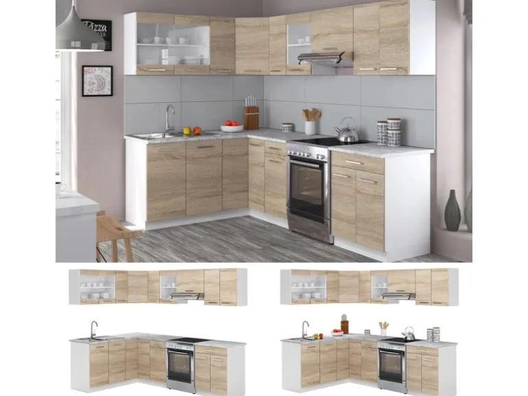 Vicco Rick Eckküche Weiß/Sonoma 247 x 167 cm AP Marmor mit LED-LeistenRick ohne E-Geräte