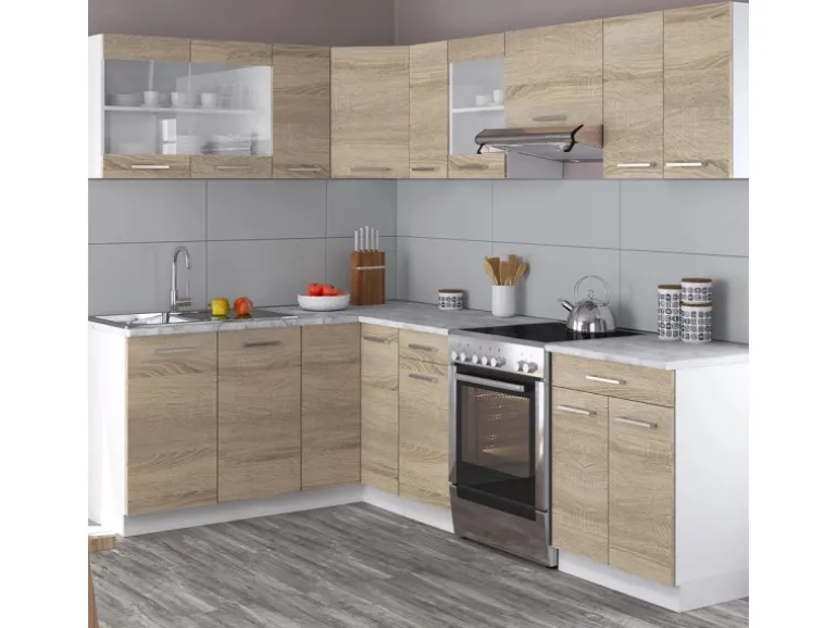 Vicco Rick Eckküche Weiß/Sonoma 247 x 167 cm AP Marmor mit LED-LeistenRick ohne E-Geräte