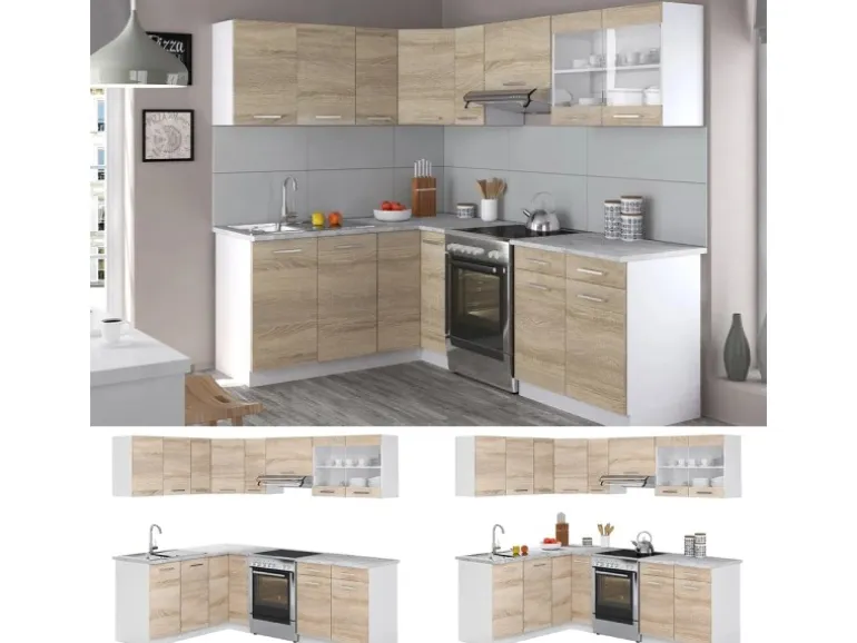 Vicco Rick Eckküche Weiß/Sonoma 227 x 167 cm AP Marmor mit LED-LeistenRick ohne E-Geräte