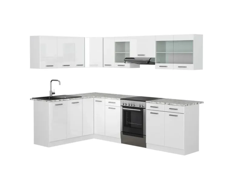Vicco Rick Eckküche Weiß/Weiß Hochglanz 267 x 167 cm AP MarmorRick ohne E-Geräte