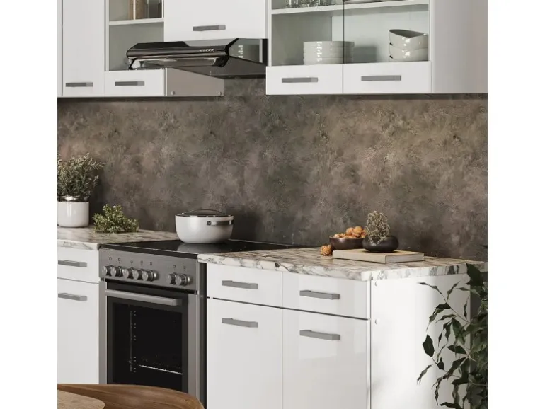 Vicco Rick Eckküche Weiß/Weiß Hochglanz 267 x 167 cm AP MarmorRick ohne E-Geräte