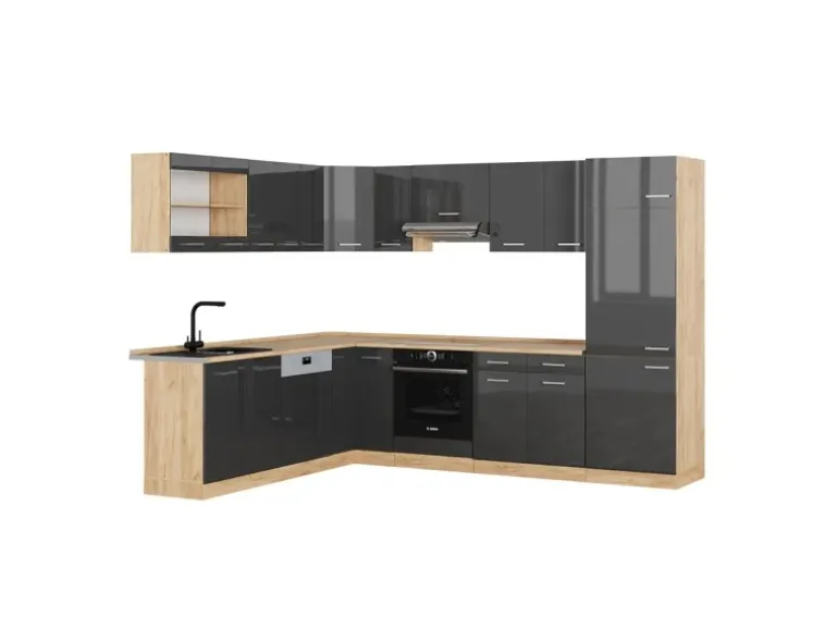 Vicco R-Line Eckküche Anthrazit Hochglanz/Goldkraft Eiche 227 x 287 cm AP Eiche ohne E-Geräte