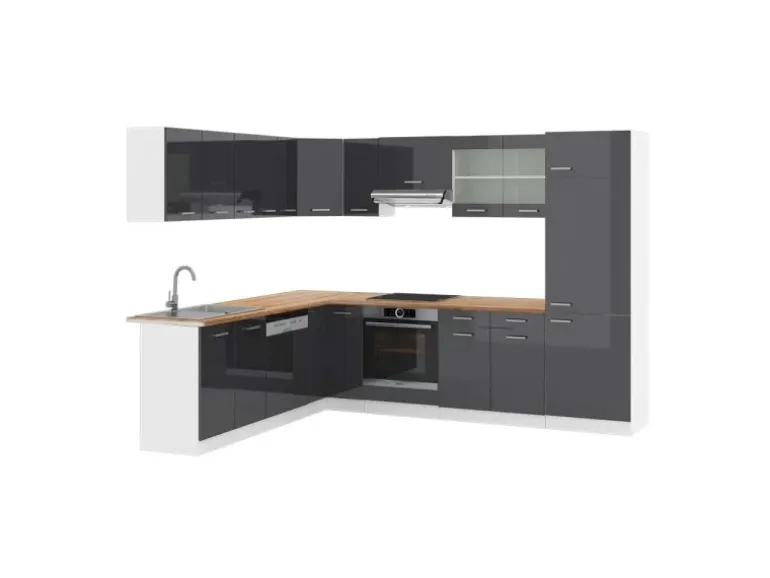 Vicco R-Line Eckküche Anthrazit Hochglanz/Weiß 227 x 287 cm AP Eiche ohne E-Geräte