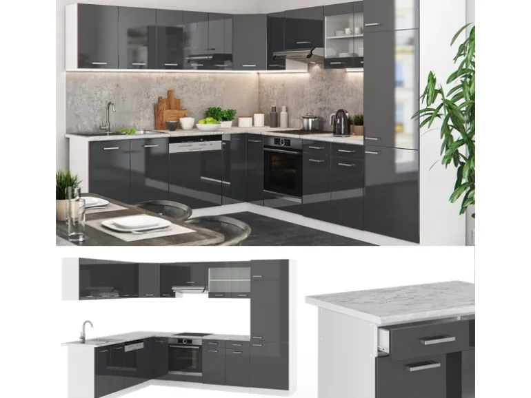 Vicco R-Line Eckküche Anthrazit Hochglanz/Weiß 227 x 287 cm AP Eiche ohne E-Geräte