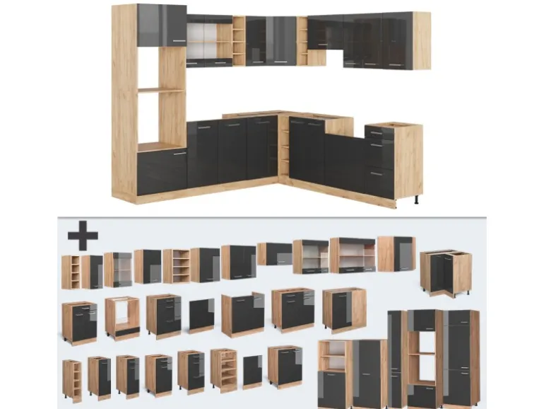 Vicco R-Line Eckküche Anthrazit Hochglanz/Goldkraft Eiche 237 x 247 cm AP Anthrazit ohne E-Geräte
