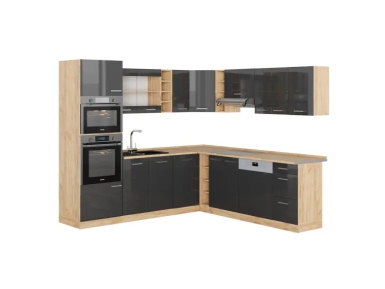 Vicco R-Line Eckküche Anthrazit Hochglanz/Goldkraft Eiche 237 x 60 cm ohne Arbeitsplatte ohne E-Geräte
