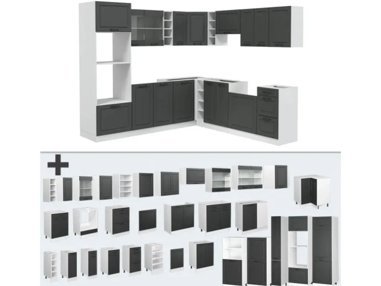 Vicco R-Line Eckküche Anthrazit Landhaus/Weiß 237 x 60 cm AP Marmor ohne E-Geräte
