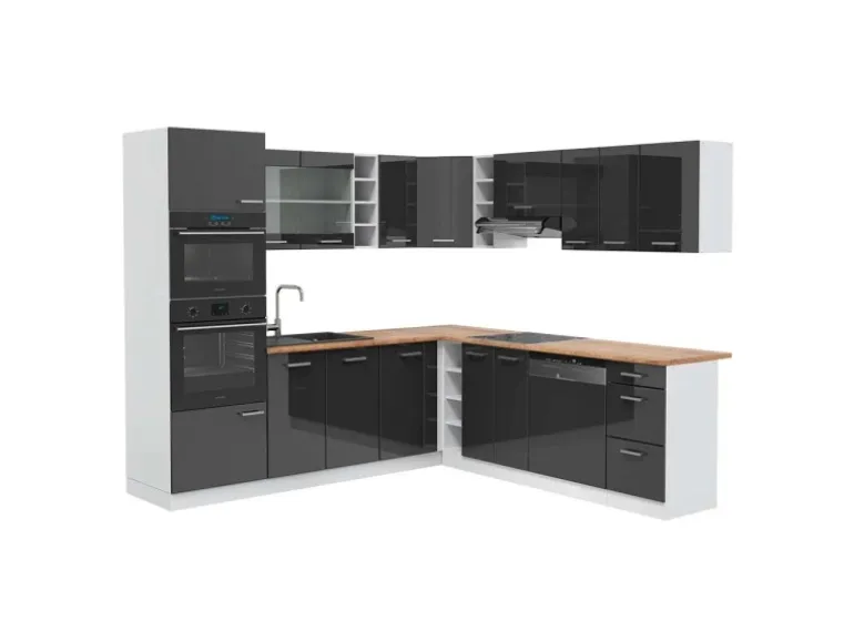 Vicco R-Line Eckküche Anthrazit Hochglanz/Weiß 237 x 247 cm AP Eiche ohne E-Geräte