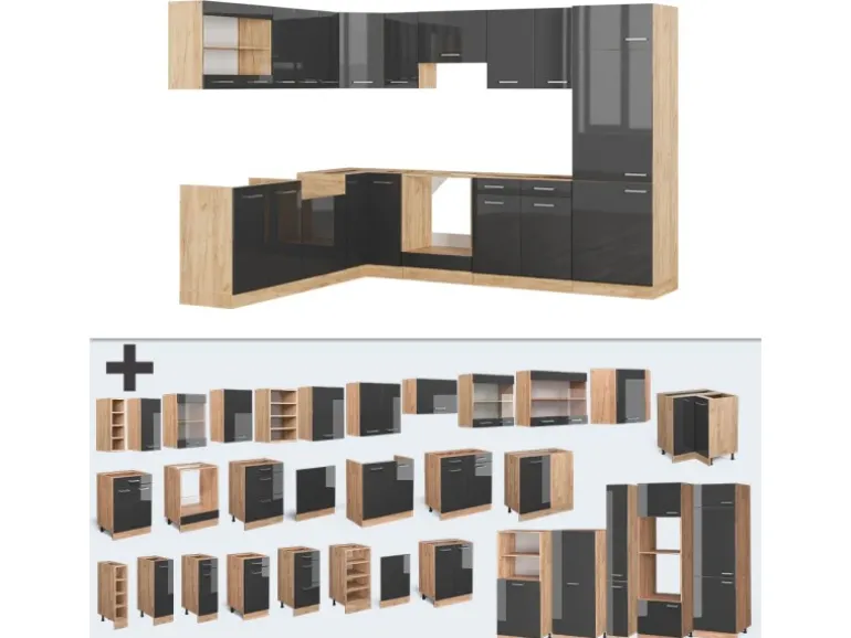 Vicco R-Line Eckküche Anthrazit Hochglanz/Goldkraft Eiche 227 x 287 cm AP Anthrazit ohne E-Geräte