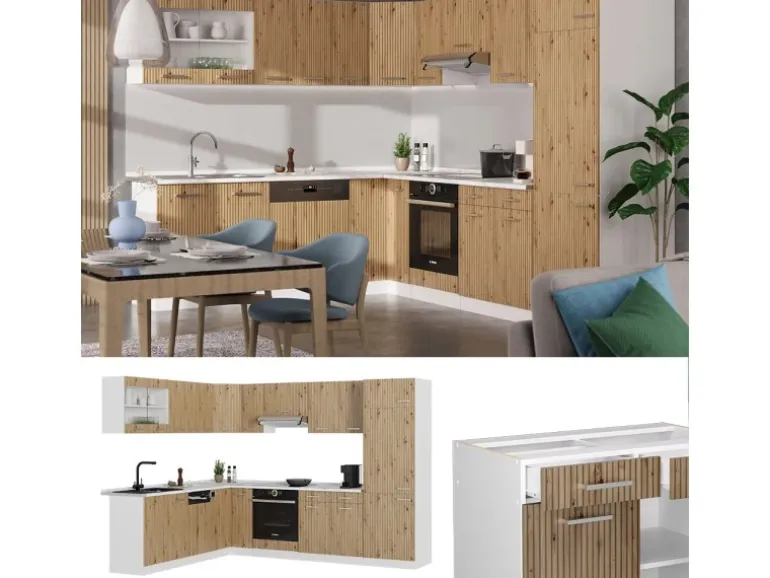 Vicco R-Line Eckküche Artisan Eiche/Weiß 227 x 287 cm AP Marmor ohne E-Geräte