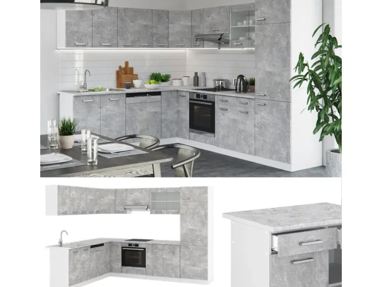 Vicco R-Line Eckküche Beton/Weiß 227 x 287 cm AP Eiche ohne E-Geräte