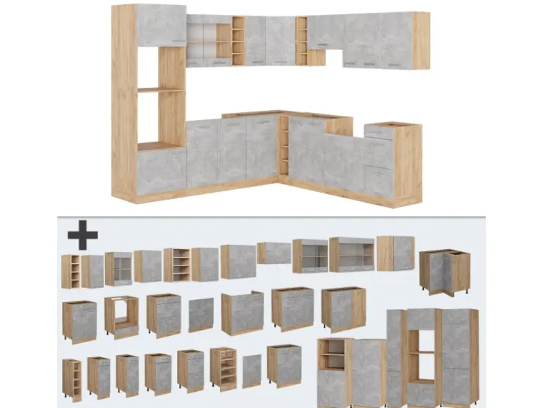 Vicco R-Line Eckküche Beton/Goldkraft Eiche 237 x 60 cm ohne Arbeitsplatte ohne E-Geräte