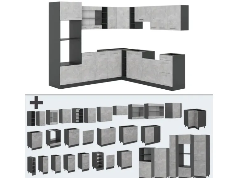 Vicco R-Line Eckküche Beton/Anthrazit 237 x 247 cm AP Marmor ohne E-Geräte