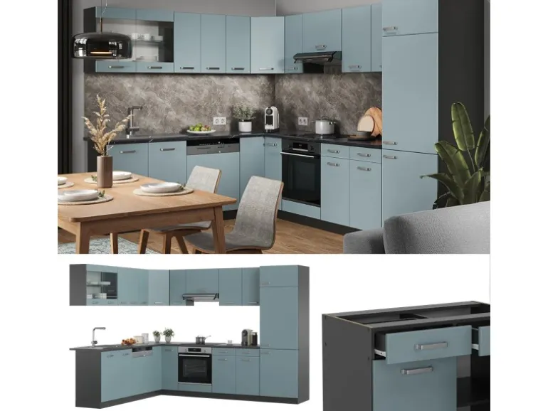 Vicco R-Line Eckküche Blau-Grau/Anthrazit 227 x 287 cm AP Marmor ohne E-Geräte