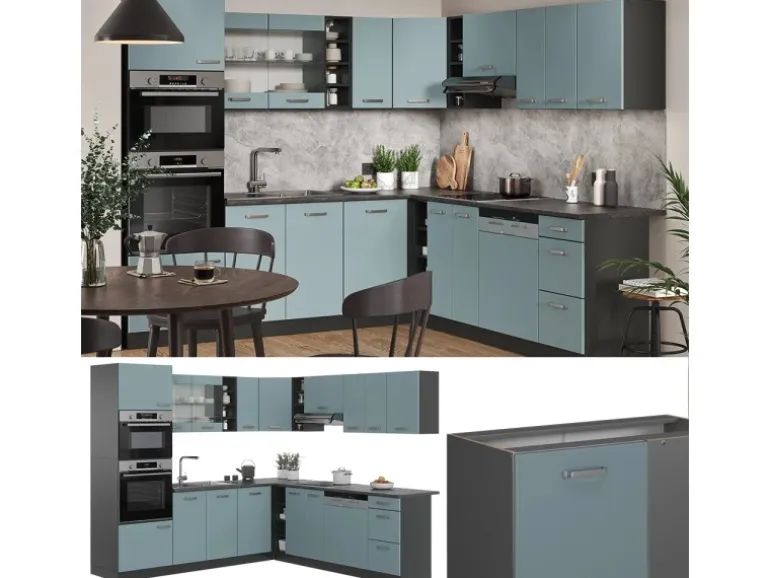 Vicco R-Line Eckküche Blau-Grau/Anthrazit 237 x 247 cm AP Marmor ohne E-Geräte