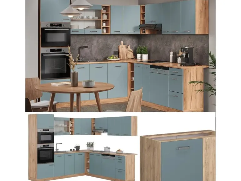 Vicco R-Line Eckküche Blau-Grau/Goldkraft Eiche 237 x 247 cm AP Marmor ohne E-Geräte