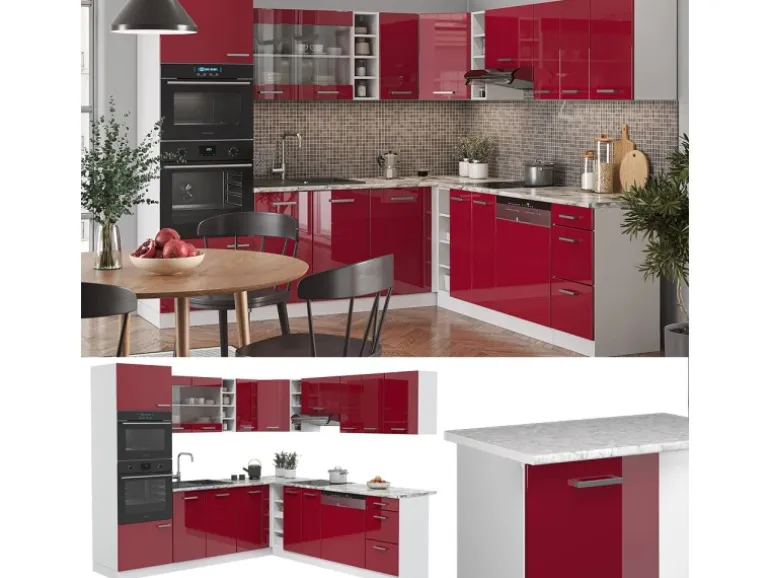 Vicco R-Line Eckküche Bordeaux Hochglanz/Weiß 237 x 247 cm AP Anthrazit ohne E-Geräte