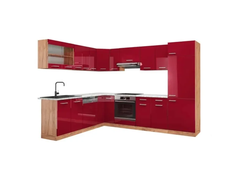 Vicco R-Line Eckküche Bordeaux Hochglanz/Goldkraft Eiche 227 x 287 cm AP Marmor ohne E-Geräte