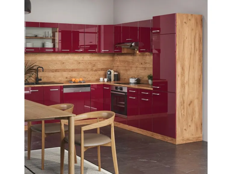 Vicco R-Line Eckküche Bordeaux Hochglanz/Goldkraft Eiche 227 x 287 cm AP Marmor ohne E-Geräte