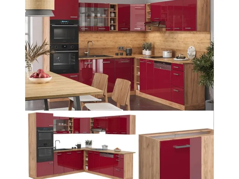Vicco R-Line Eckküche Bordeaux Hochglanz/Goldkraft Eiche 237 x 247 cm AP Eiche ohne E-Geräte