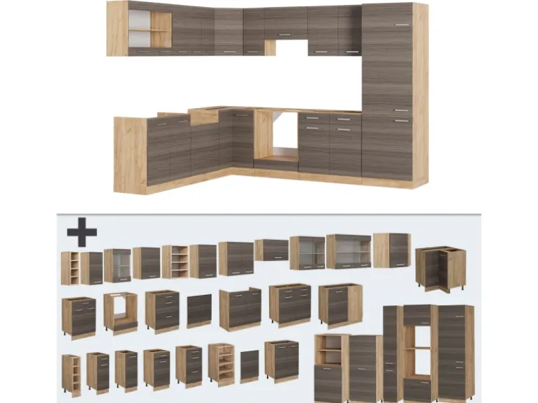 Vicco R-Line Eckküche Edelgrau/Goldkraft Eiche 227 x 287 cm AP Anthrazit ohne E-Geräte
