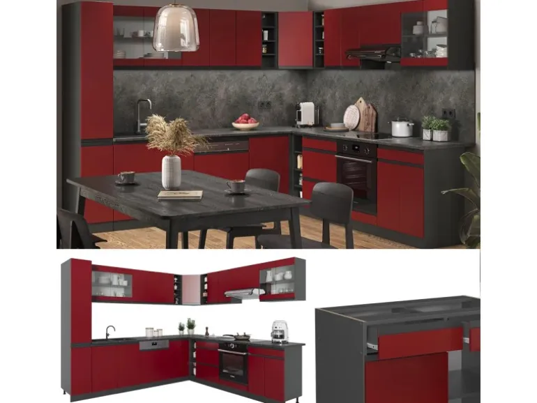 Vicco R-Line Eckküche Rot/Anthrazit 257 x 277 cm J-ShapeAP Anthrazit ohne E-Geräte