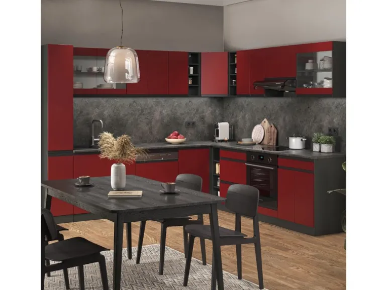 Vicco R-Line Eckküche Rot/Anthrazit 257 x 277 cm J-ShapeAP Eiche ohne E-Geräte