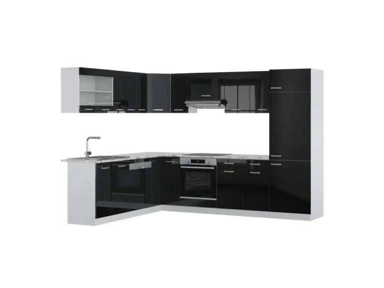 Vicco R-Line Eckküche Schwarz Hochglanz 227 x 287 cm AP Marmor ohne E-Geräte