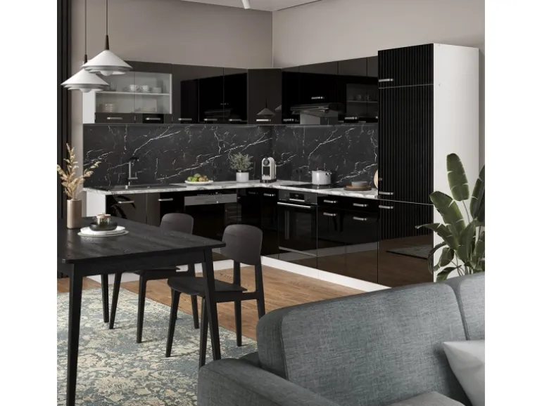 Vicco R-Line Eckküche Schwarz Hochglanz 227 x 287 cm AP Marmor ohne E-Geräte