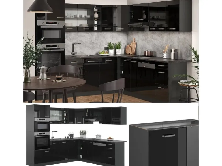 Vicco R-Line Eckküche Schwarz Hochglanz/Anthrazit 237 x 247 cm AP Eiche ohne E-Geräte