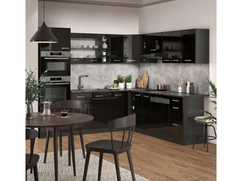 Vicco R-Line Eckküche Schwarz Hochglanz/Anthrazit 237 x 247 cm AP Eiche ohne E-Geräte