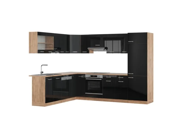 Vicco R-Line Eckküche Schwarz Hochglanz/Goldkraft Eiche 227 x 287 cm AP Eiche ohne E-Geräte