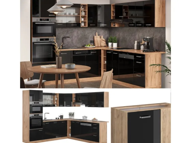 Vicco R-Line Eckküche Schwarz Hochglanz/Goldkraft Eiche 237 x 247 cm AP Marmor ohne E-Geräte