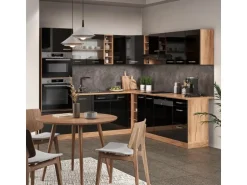 Vicco R-Line Eckküche Schwarz Hochglanz/Goldkraft Eiche 237 x 247 cm AP Eiche ohne E-Geräte